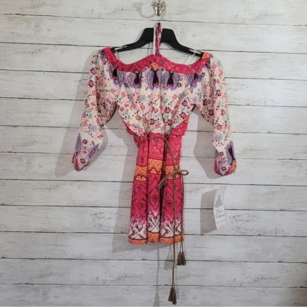 Girls Rare Editions Boho Chic Aztec Design‎ Fuchsia Floral Cold-Shoulder Dress 7